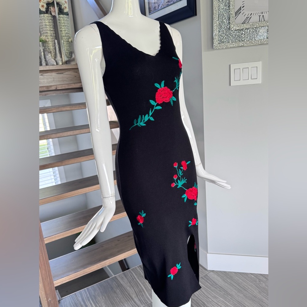 NWOT 🖤❤️ Black Sweater Knit Midi Dress with Floral Accents - Picture 9 of 17